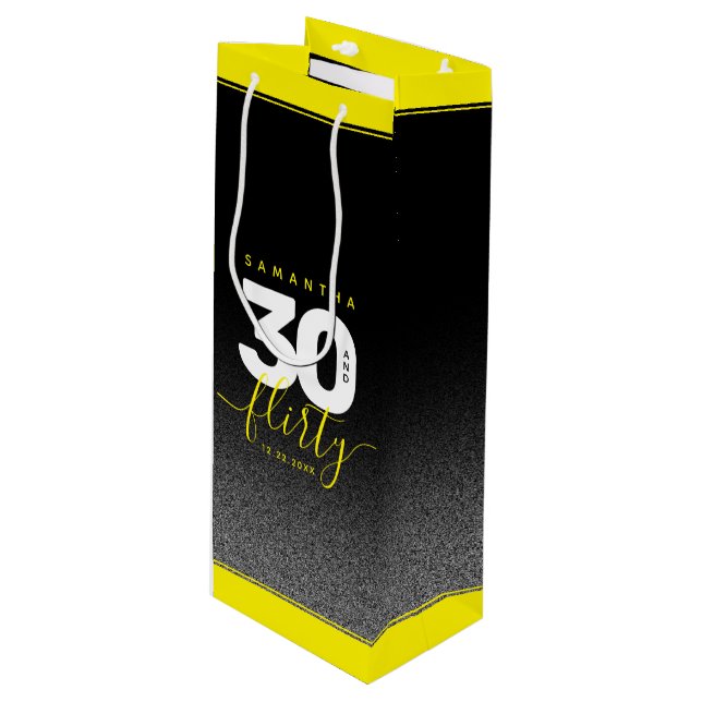Modern Girly Bright Yellow 30 and Flirty Wine Gift Bag (Front Angled)