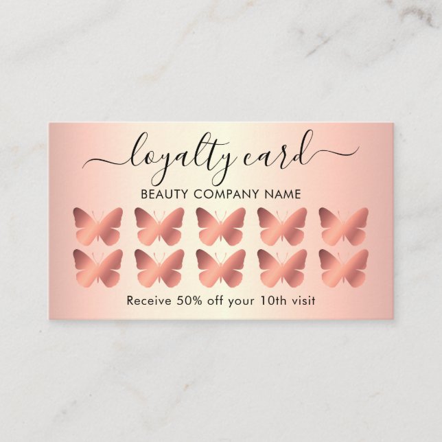 Modern Girly Butterfly Rose Gold Loyalty Card (Front)