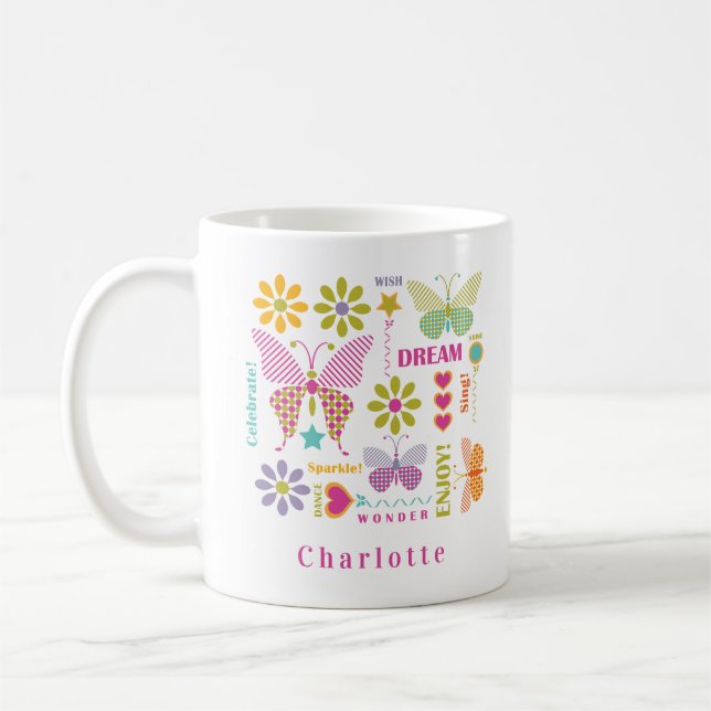 Modern Girly Butterfly Typography Pattern Coffee Mug (Left)