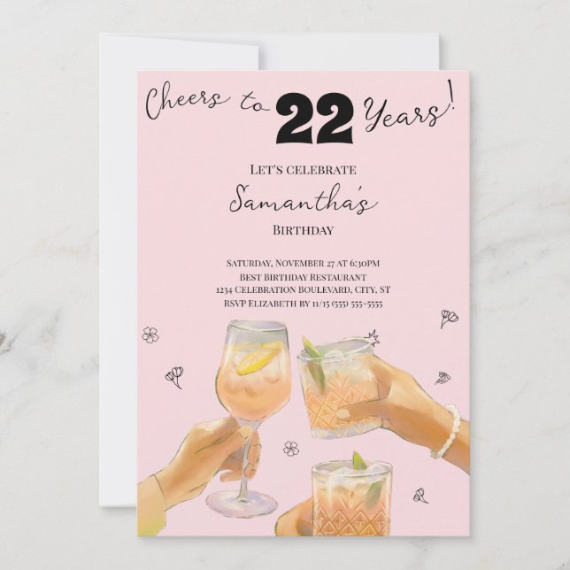 Modern Girly Cheers to 22 Years Birthday Party Invitation (Front)