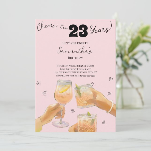 Modern Girly Cheers to 23 Years Birthday Party Invitation (Standing Front)