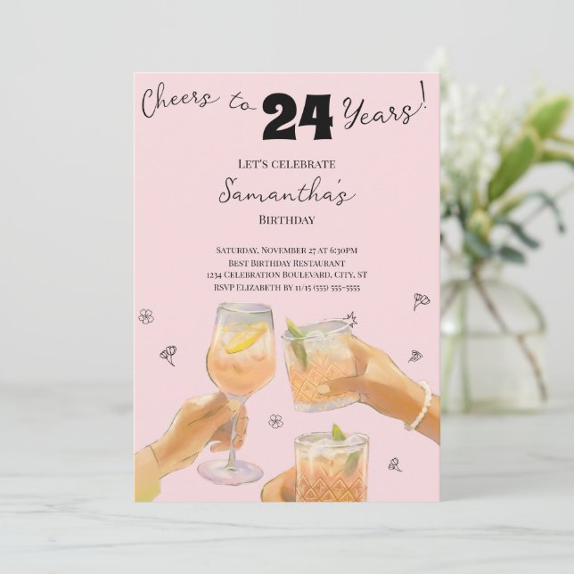 Modern Girly Cheers to 24 Years Birthday Party Invitation (Standing Front)