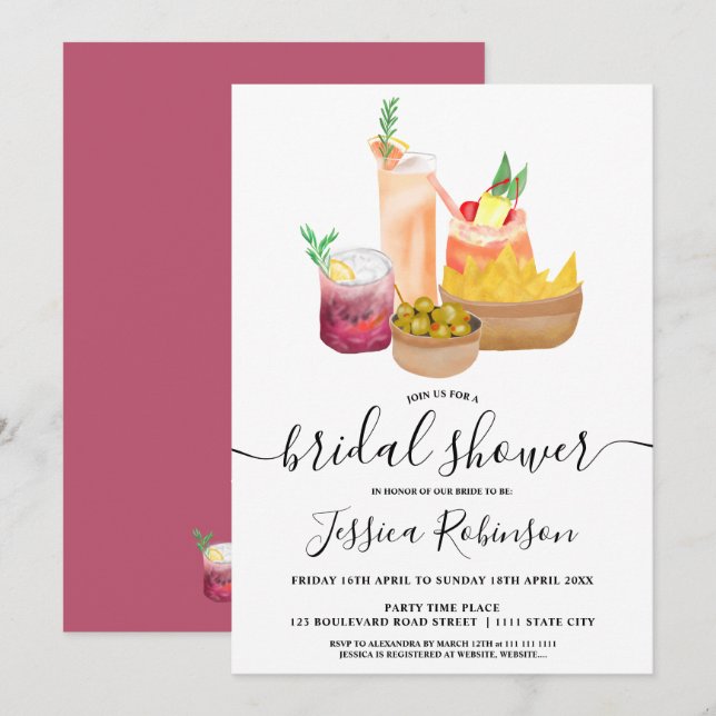 Modern girly cocktails watercolor bridal shower invitation (Front/Back)