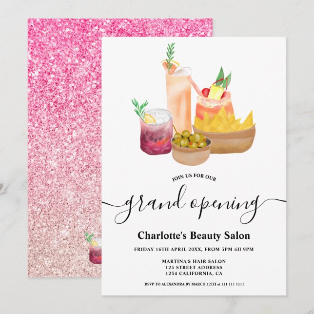 Modern girly cocktails watercolor grand opening invitation (Front/Back)