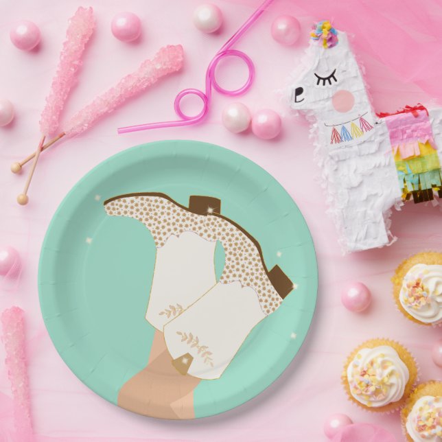 Modern Girly Cowgirl Boots Stars Mint Paper Plate (Party)