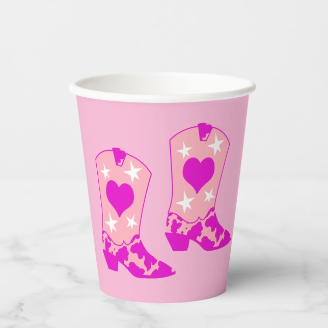 Modern Girly Cowgirl Western Yeehaw Boot Pink Paper Cups (Front)