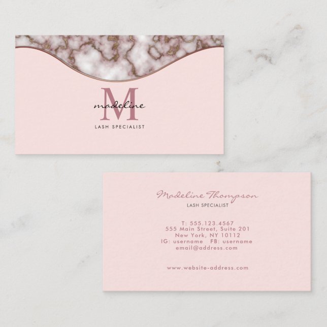 Modern Girly Crusted Rose Gold Marble Monogram Business Card (Front/Back)