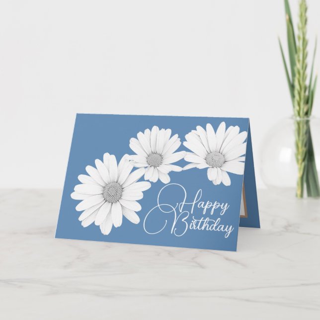 Modern Girly Daisies Floral Flowers Blue Birthday Card (Front)