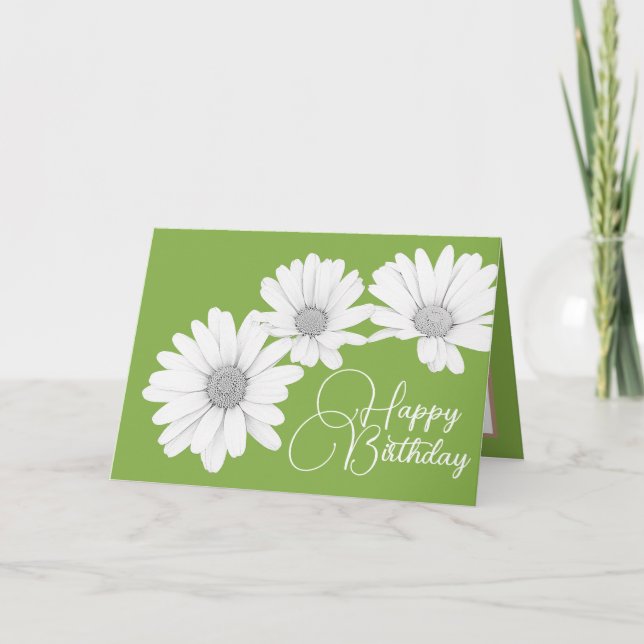 Modern Girly Daisies Floral Flowers Green Birthday Card (Front)