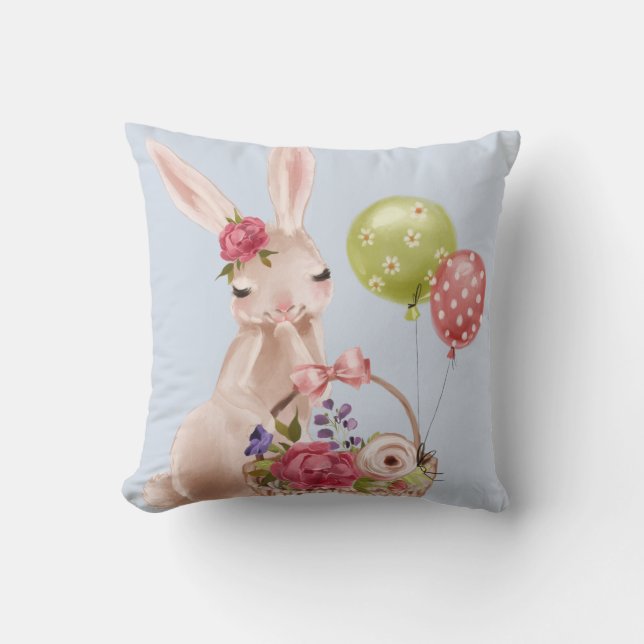 Modern Girly Easter Bunny Floral Balloon Basket Cushion (Front)