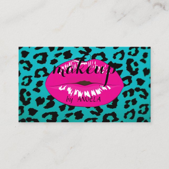 Modern Girly Elegant Leopard Print  Pink Lips Business Card (Front)