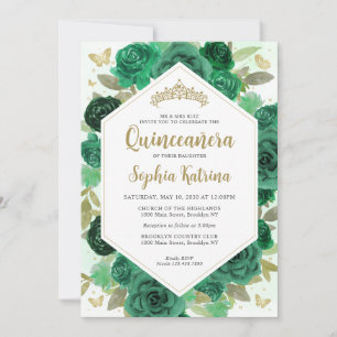 Modern Girly Emerald Green Floral Gold Quinceañera Invitation