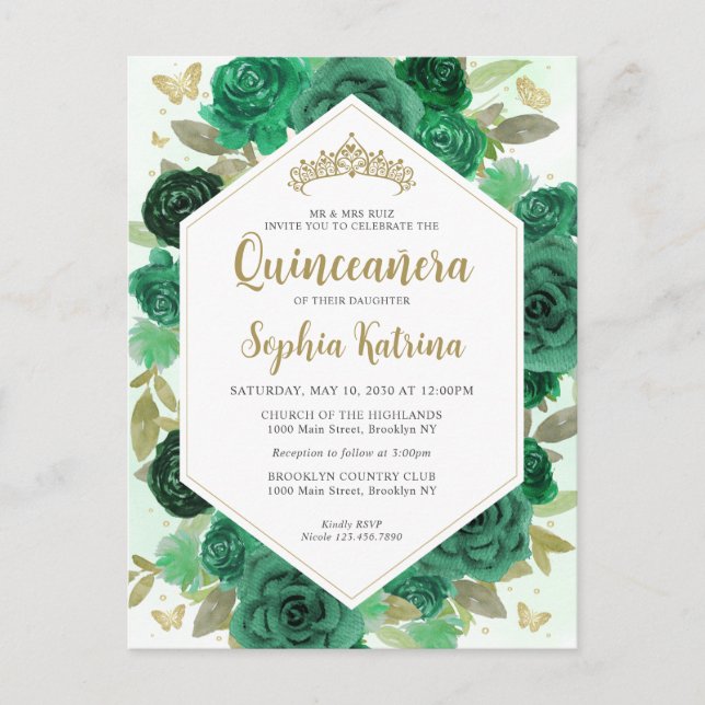 Modern Girly Emerald Green Floral Gold Quinceañera Postcard (Front)