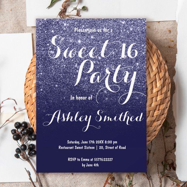 Modern girly faux navy blue glitter ombre Sweet 16 Invitation (Creator Uploaded)