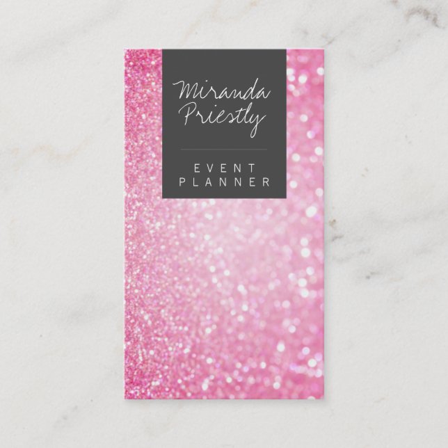 Modern girly faux pink Glitter Bokeh Event Planner Business Card (Front)