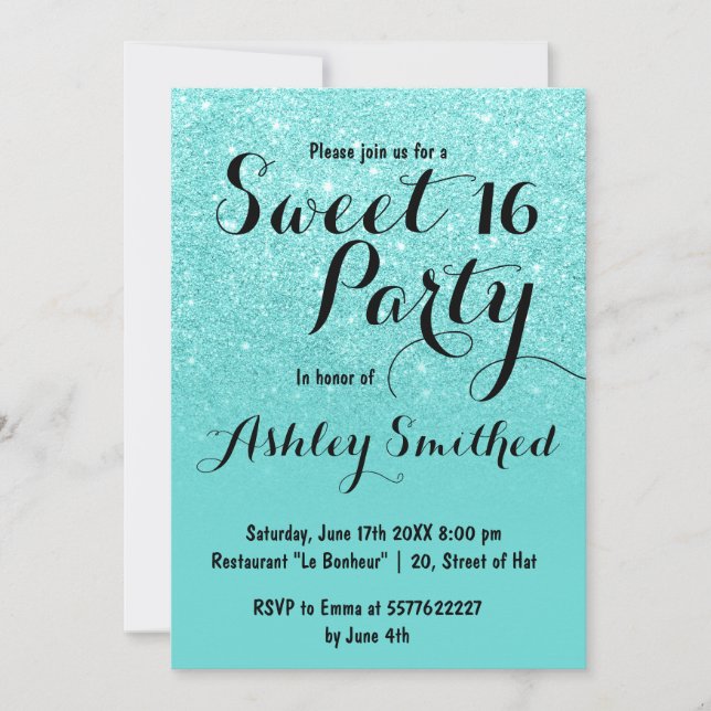 Modern girly faux teal glitter ombre Sweet 16 Invitation (Front)