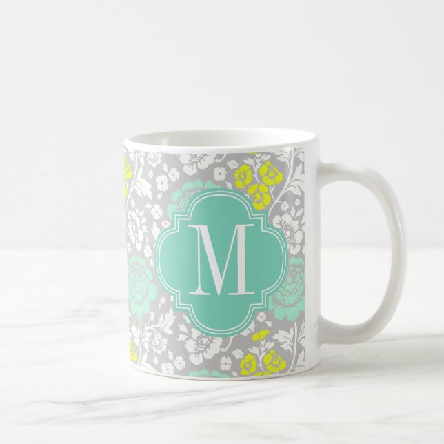 Modern Girly Floral Aqua Yellow Grey Personalised Coffee Mug (Right)