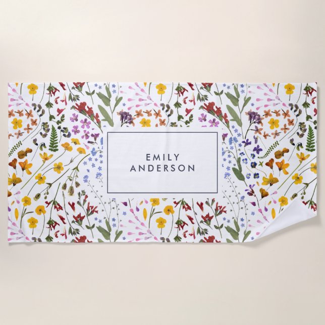 Modern girly floral colourful initial navy blue beach towel (Front)