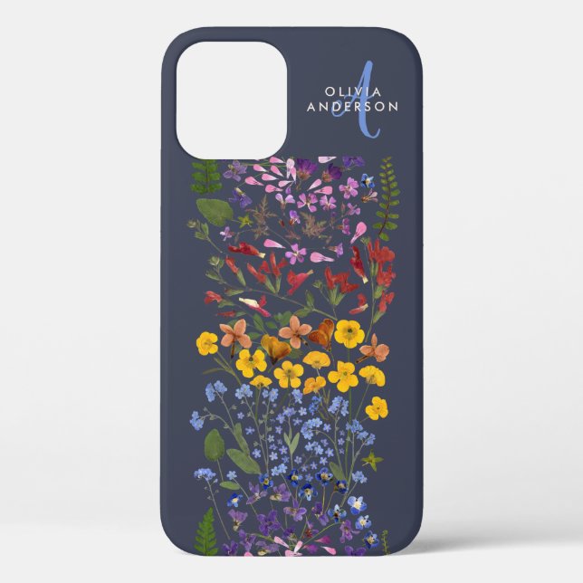 Modern girly floral colourful initial navy blue Ca Case-Mate iPhone Case (Back)