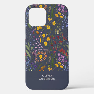 Modern girly floral colourful initial navy blue Ca iPhone 12 Case