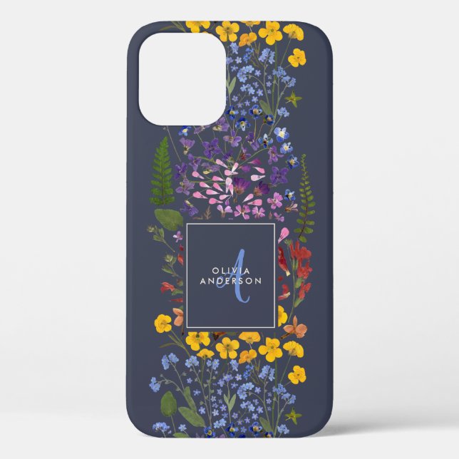 Modern girly floral colourful initial navy blue Case-Mate iPhone case (Back)