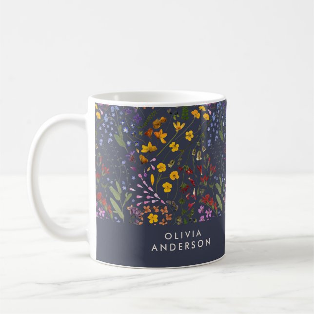 Modern girly floral colourful initial navy blue coffee mug (Left)