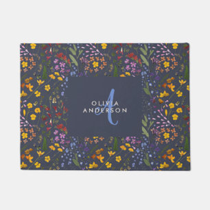Modern girly floral colourful initial navy blue doormat