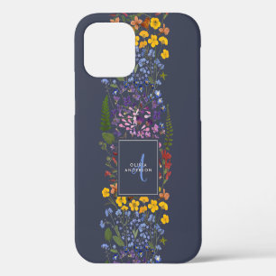 Modern girly floral colourful initial navy blue iPhone 12 case