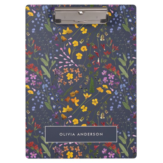 Modern girly floral colourful initial navy blue no clipboard (Front)