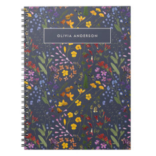 Modern girly floral colourful initial navy blue notebook