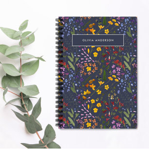 Modern girly floral colourful initial navy blue notebook