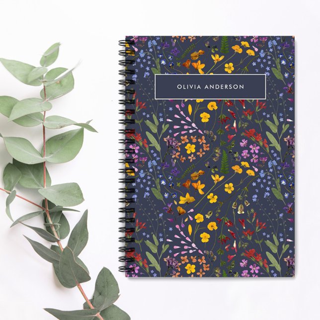 Modern girly floral colourful initial navy blue notebook (Creator Uploaded)