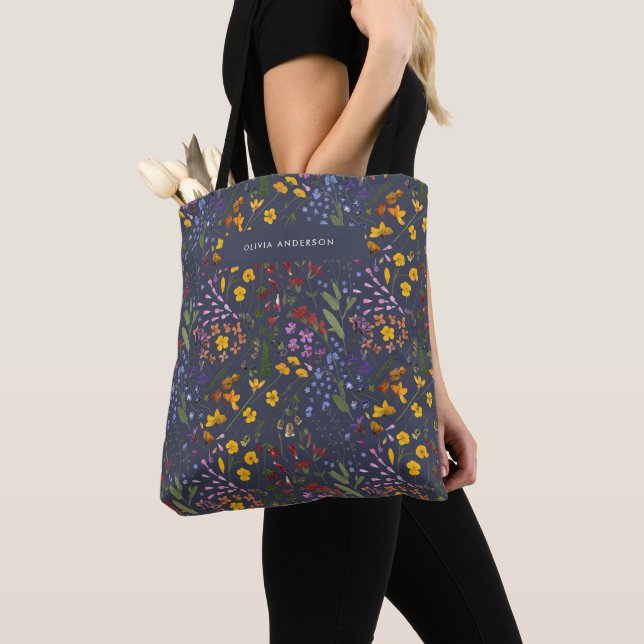 Modern girly floral colourful initial navy blue tote bag (Close Up)