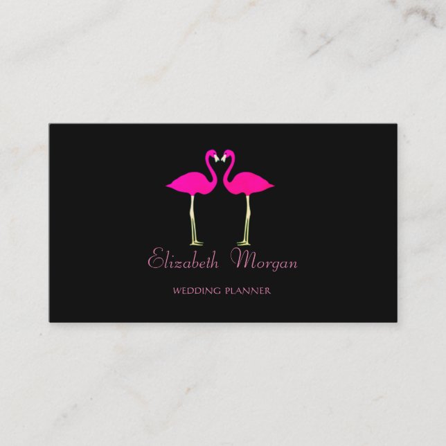 Modern Girly Funny,Pink Flamingos In Love,Black Business Card (Front)