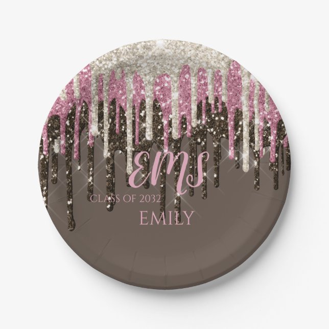 Modern Girly Glam Monogram Typography Glitter Grad Paper Plate (Front)