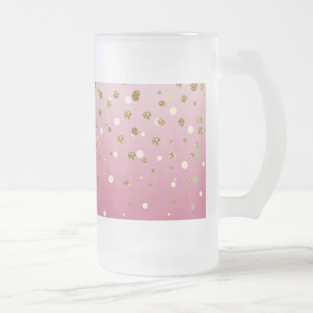 Modern Girly gold glitter confetti Pink Gradient Frosted Glass Beer Mug (Right)
