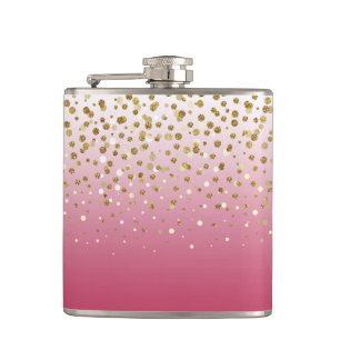 Modern Girly gold glitter confetti Pink Gradient Hip Flask