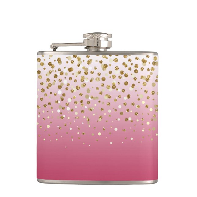 Modern Girly gold glitter confetti Pink Gradient Hip Flask (Front)