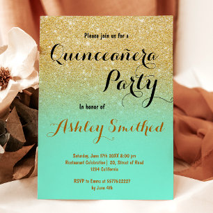 Modern girly gold glitter mint green Quinceañera Invitation