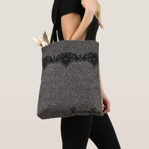 Modern Girly Grey Glitter Black Lace Personalised Tote Bag