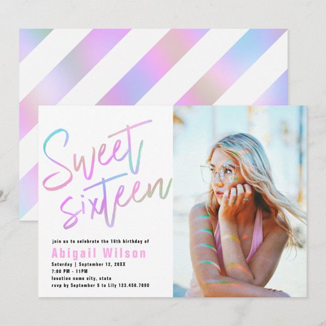 Modern girly holographic sweet sixteen birthday invitation (Front/Back)