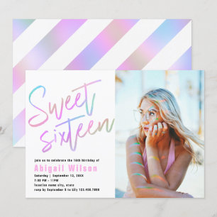 Modern girly holographic sweet sixteen birthday invitation