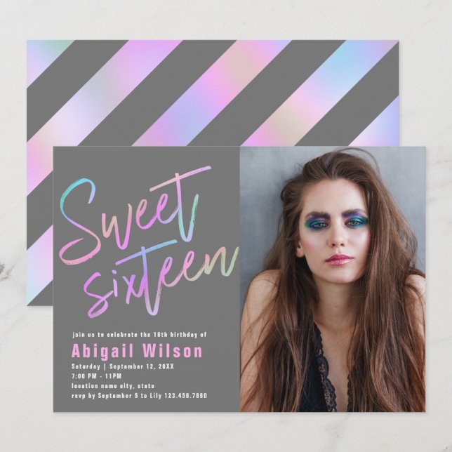 Modern girly holographic sweet sixteen birthday invitation (Front/Back)