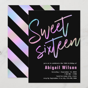 Modern girly holographic sweet sixteen birthday invitation