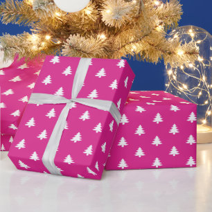 Modern Girly Hot Pink Christmas Trees Wrapping Paper
