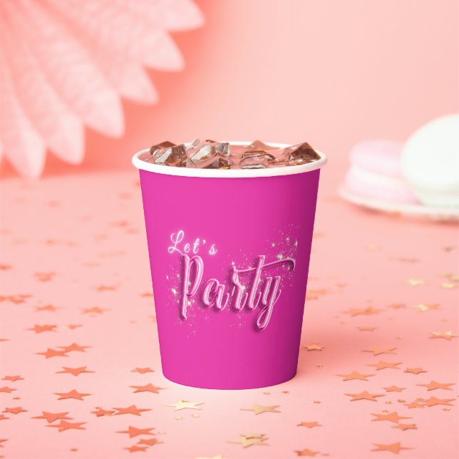 Modern Girly Hot Pink Gold Glitter Let's Party Paper Cups (Insitu)