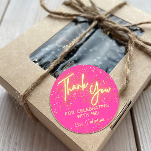 Modern Girly Hot Pink Neon Glow Thank You Script Classic Round Sticker
