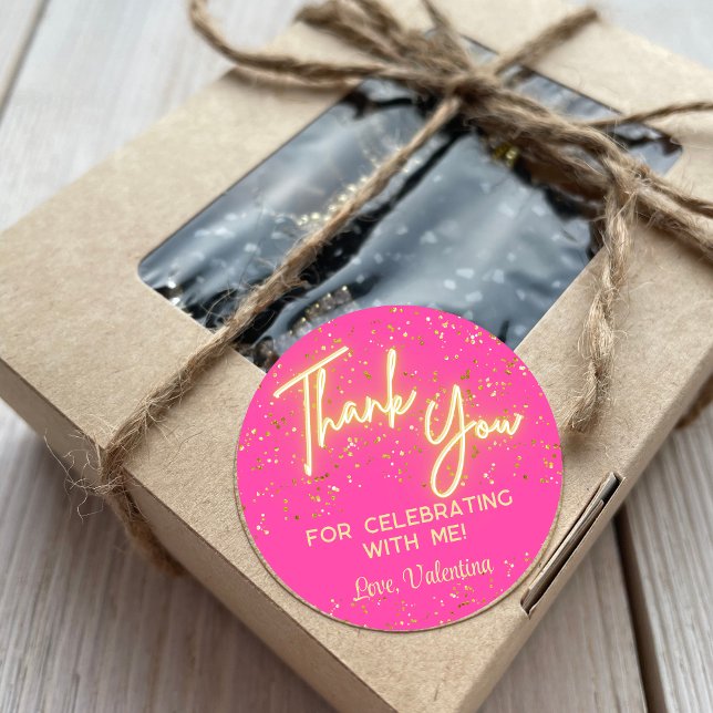 Modern Girly Hot Pink Neon Glow Thank You Script Classic Round Sticker (Creator Uploaded)