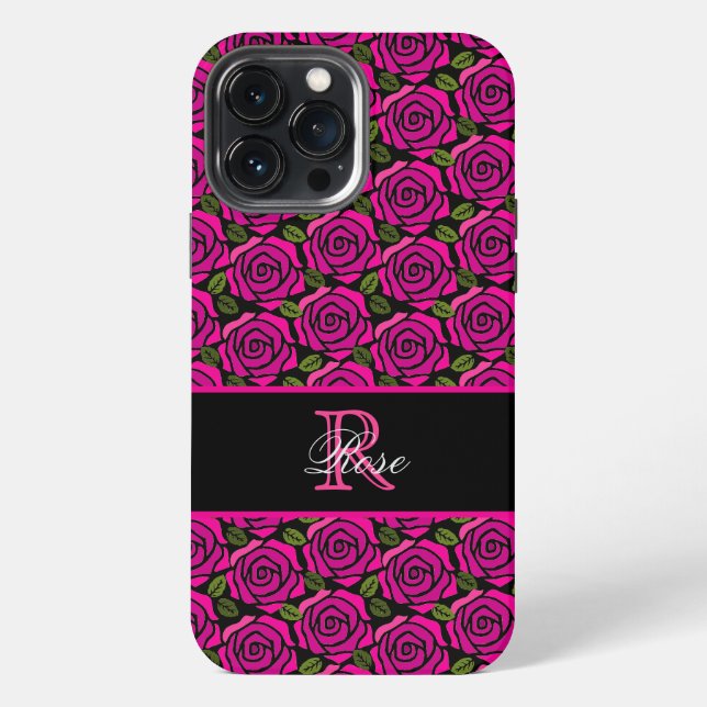 Modern Girly Hot Pink Roses Custom Name Monogram  iPhone Case (Back)