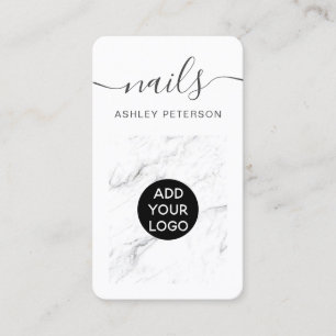Modern girly luxury white marble nails script business card